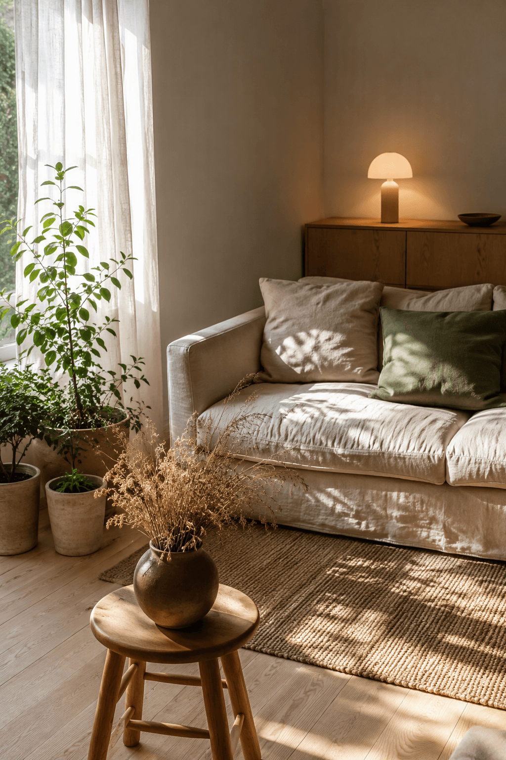Sonniges Wohnzimmer mit Bauchvase, Pflanztöpfen und Akkuleuchte (KI-generiert)